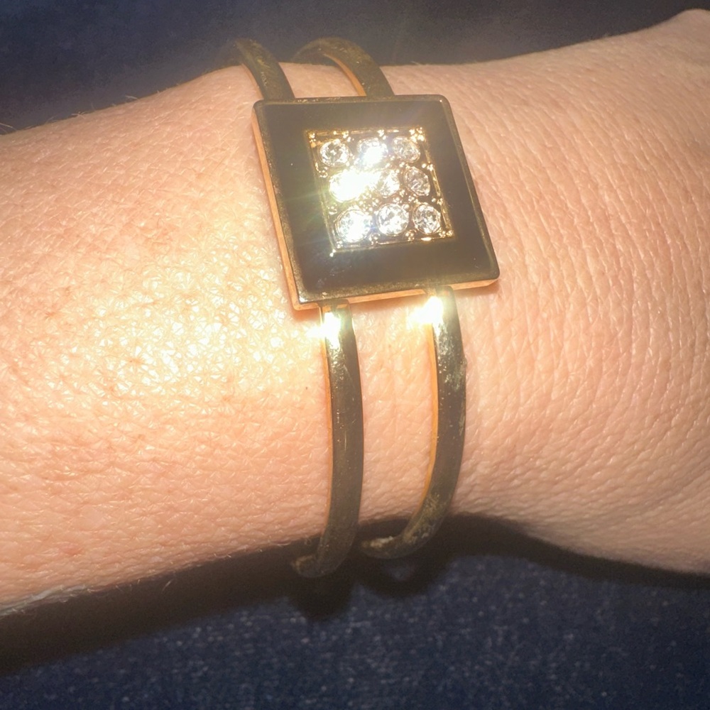 Vintage Gold Tone Double Band Black Enamel Statement Bracelet
